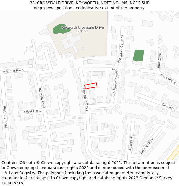 38, CROSSDALE DRIVE, KEYWORTH, NOTTINGHAM, NG12 5HP: Location map and indicative extent of plot