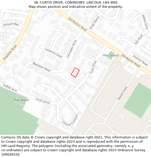 38, CURTIS DRIVE, CONINGSBY, LINCOLN, LN4 4NQ: Location map and indicative extent of plot