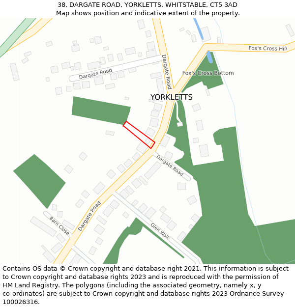 38, DARGATE ROAD, YORKLETTS, WHITSTABLE, CT5 3AD: Location map and indicative extent of plot