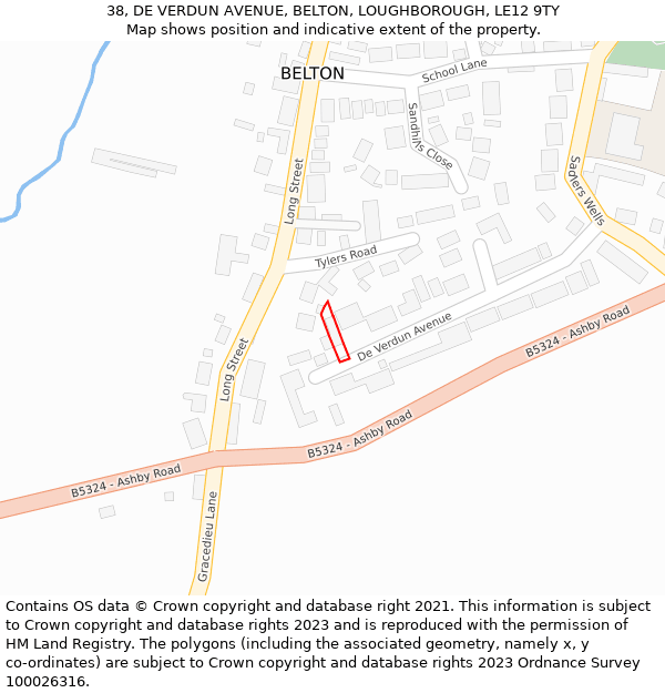 38, DE VERDUN AVENUE, BELTON, LOUGHBOROUGH, LE12 9TY: Location map and indicative extent of plot