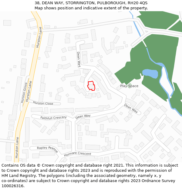 38, DEAN WAY, STORRINGTON, PULBOROUGH, RH20 4QS: Location map and indicative extent of plot