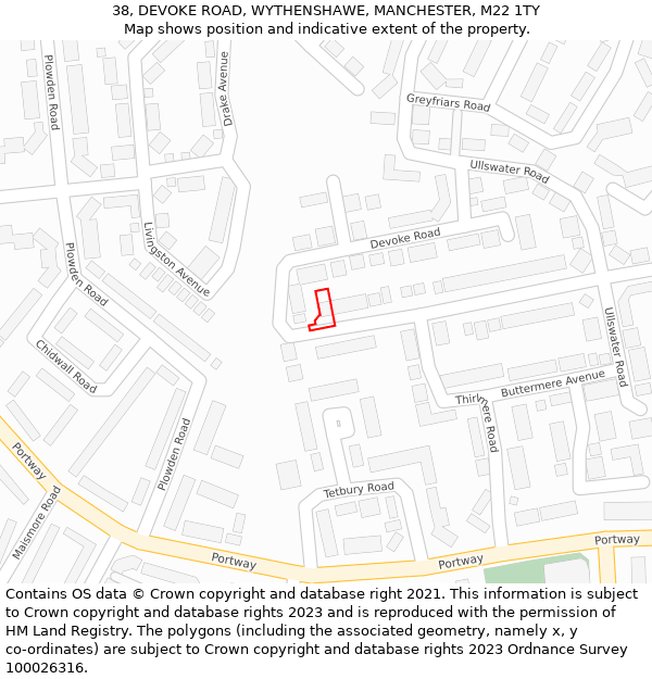 38, DEVOKE ROAD, WYTHENSHAWE, MANCHESTER, M22 1TY: Location map and indicative extent of plot