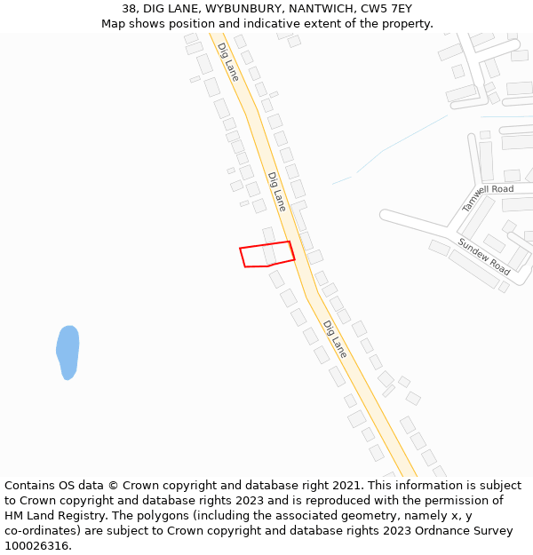 38, DIG LANE, WYBUNBURY, NANTWICH, CW5 7EY: Location map and indicative extent of plot