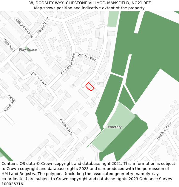 38, DODSLEY WAY, CLIPSTONE VILLAGE, MANSFIELD, NG21 9EZ: Location map and indicative extent of plot