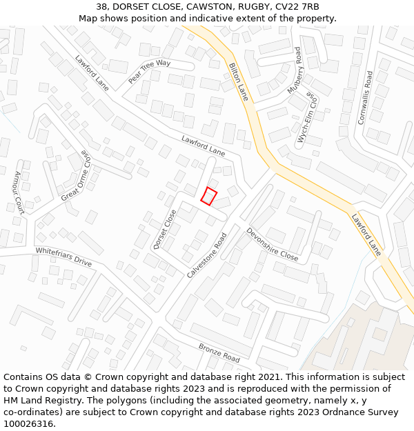 38, DORSET CLOSE, CAWSTON, RUGBY, CV22 7RB: Location map and indicative extent of plot