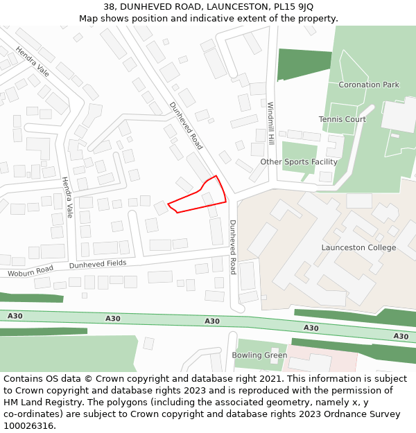 38, DUNHEVED ROAD, LAUNCESTON, PL15 9JQ: Location map and indicative extent of plot