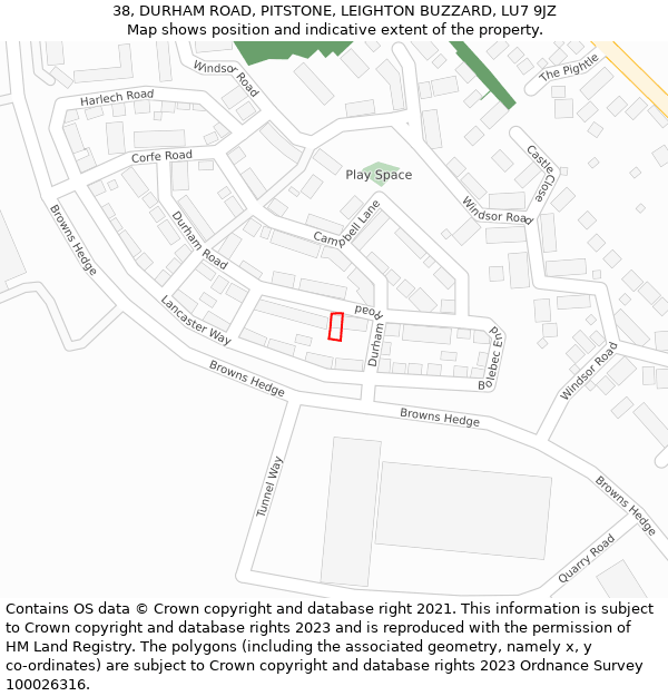 38, DURHAM ROAD, PITSTONE, LEIGHTON BUZZARD, LU7 9JZ: Location map and indicative extent of plot