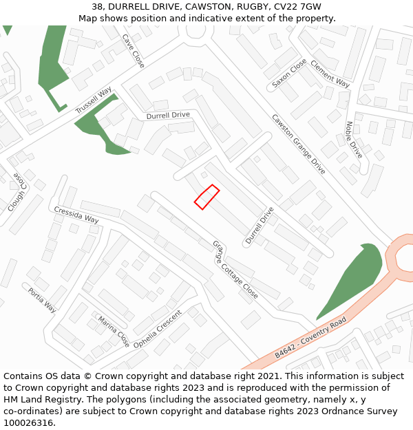 38, DURRELL DRIVE, CAWSTON, RUGBY, CV22 7GW: Location map and indicative extent of plot