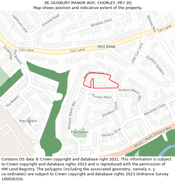 38, DUXBURY MANOR WAY, CHORLEY, PR7 3FJ: Location map and indicative extent of plot