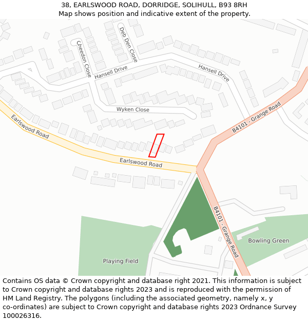 38, EARLSWOOD ROAD, DORRIDGE, SOLIHULL, B93 8RH: Location map and indicative extent of plot