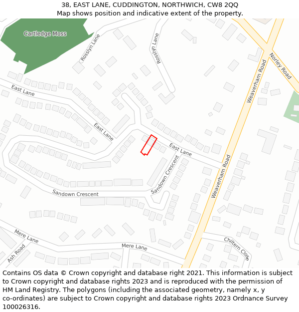 38, EAST LANE, CUDDINGTON, NORTHWICH, CW8 2QQ: Location map and indicative extent of plot