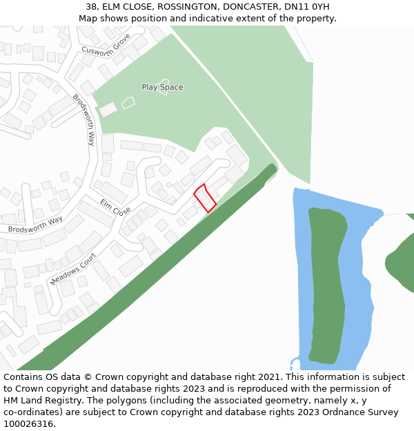 38, ELM CLOSE, ROSSINGTON, DONCASTER, DN11 0YH: Location map and indicative extent of plot