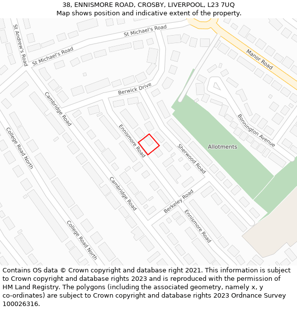 38, ENNISMORE ROAD, CROSBY, LIVERPOOL, L23 7UQ: Location map and indicative extent of plot