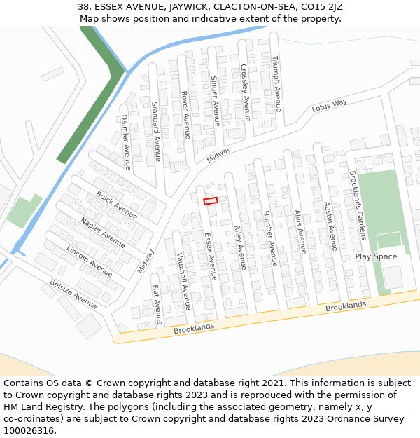 38, ESSEX AVENUE, JAYWICK, CLACTON-ON-SEA, CO15 2JZ: Location map and indicative extent of plot