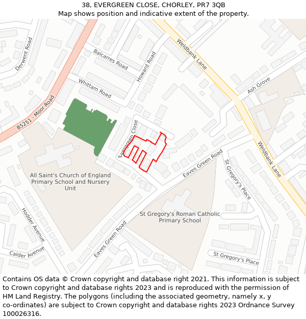 38, EVERGREEN CLOSE, CHORLEY, PR7 3QB: Location map and indicative extent of plot