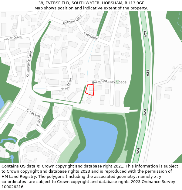 38, EVERSFIELD, SOUTHWATER, HORSHAM, RH13 9GF: Location map and indicative extent of plot