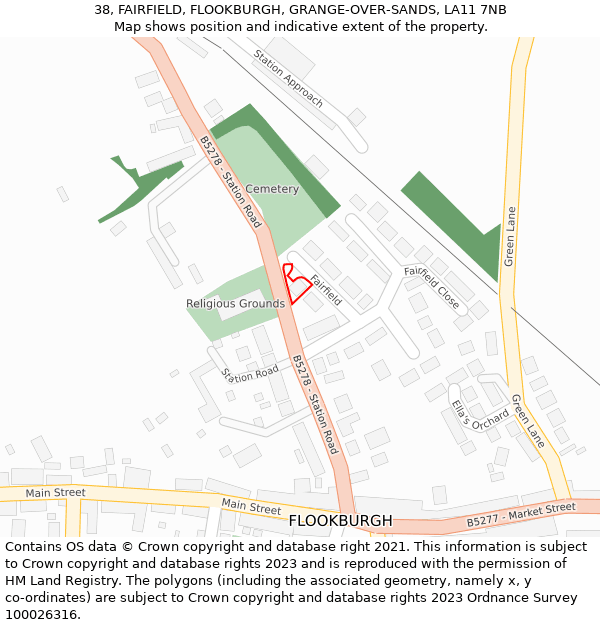 38, FAIRFIELD, FLOOKBURGH, GRANGE-OVER-SANDS, LA11 7NB: Location map and indicative extent of plot