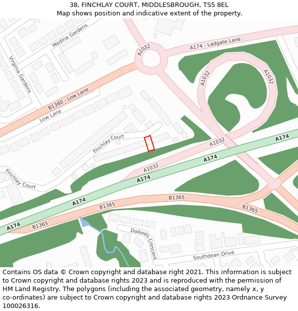 38, FINCHLAY COURT, MIDDLESBROUGH, TS5 8EL: Location map and indicative extent of plot