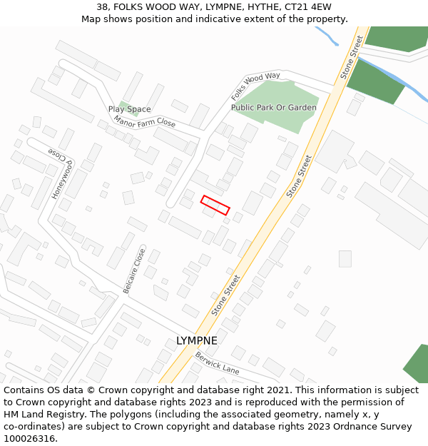 38, FOLKS WOOD WAY, LYMPNE, HYTHE, CT21 4EW: Location map and indicative extent of plot