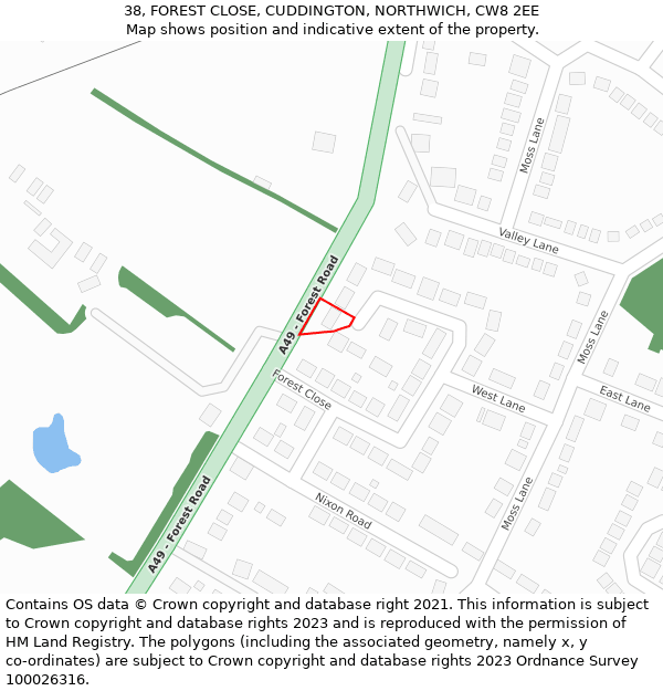 38, FOREST CLOSE, CUDDINGTON, NORTHWICH, CW8 2EE: Location map and indicative extent of plot