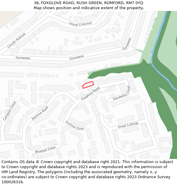 38, FOXGLOVE ROAD, RUSH GREEN, ROMFORD, RM7 0YQ: Location map and indicative extent of plot