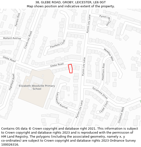 38, GLEBE ROAD, GROBY, LEICESTER, LE6 0GT: Location map and indicative extent of plot