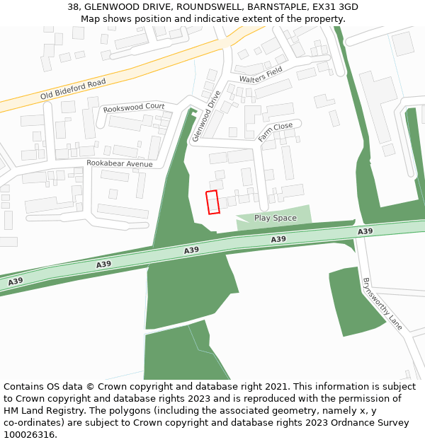 38, GLENWOOD DRIVE, ROUNDSWELL, BARNSTAPLE, EX31 3GD: Location map and indicative extent of plot