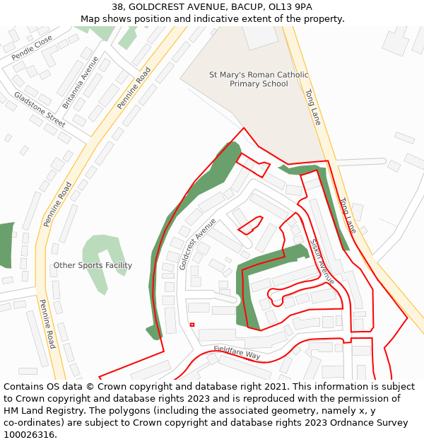 38, GOLDCREST AVENUE, BACUP, OL13 9PA: Location map and indicative extent of plot