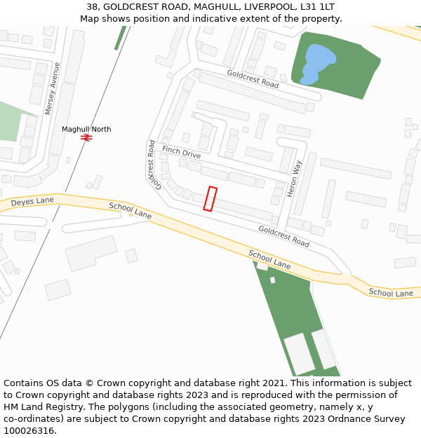 38, GOLDCREST ROAD, MAGHULL, LIVERPOOL, L31 1LT: Location map and indicative extent of plot