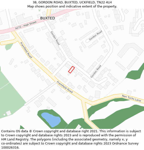 38, GORDON ROAD, BUXTED, UCKFIELD, TN22 4LH: Location map and indicative extent of plot