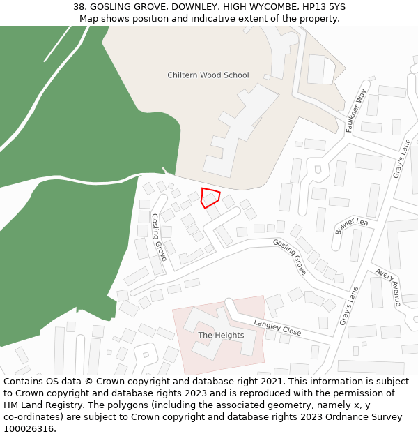 38, GOSLING GROVE, DOWNLEY, HIGH WYCOMBE, HP13 5YS: Location map and indicative extent of plot