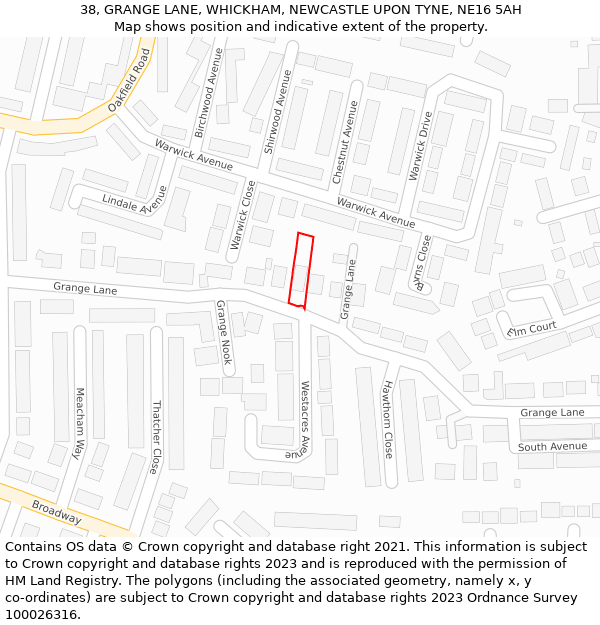 38, GRANGE LANE, WHICKHAM, NEWCASTLE UPON TYNE, NE16 5AH: Location map and indicative extent of plot