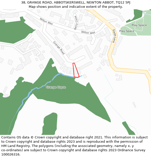 38, GRANGE ROAD, ABBOTSKERSWELL, NEWTON ABBOT, TQ12 5PJ: Location map and indicative extent of plot