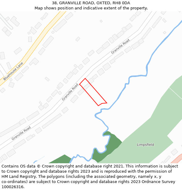 38, GRANVILLE ROAD, OXTED, RH8 0DA: Location map and indicative extent of plot