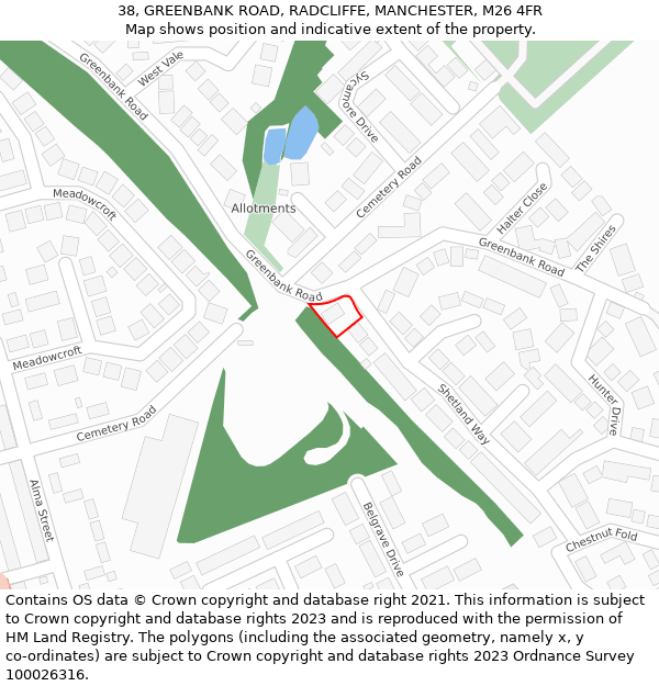 38, GREENBANK ROAD, RADCLIFFE, MANCHESTER, M26 4FR: Location map and indicative extent of plot