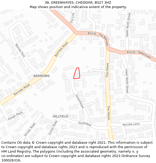 38, GREENHAYES, CHEDDAR, BS27 3HZ: Location map and indicative extent of plot