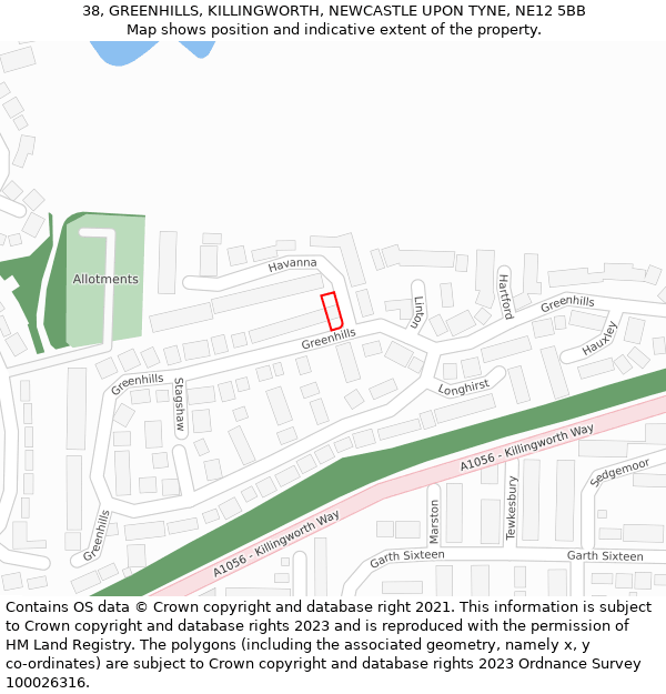 38, GREENHILLS, KILLINGWORTH, NEWCASTLE UPON TYNE, NE12 5BB: Location map and indicative extent of plot