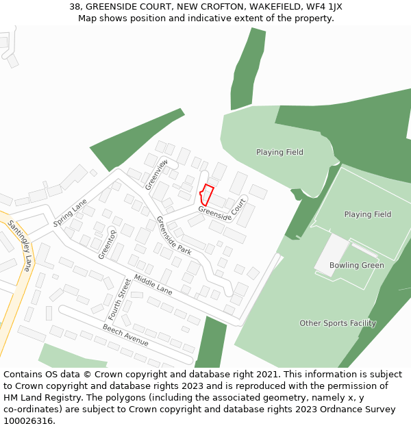 38, GREENSIDE COURT, NEW CROFTON, WAKEFIELD, WF4 1JX: Location map and indicative extent of plot