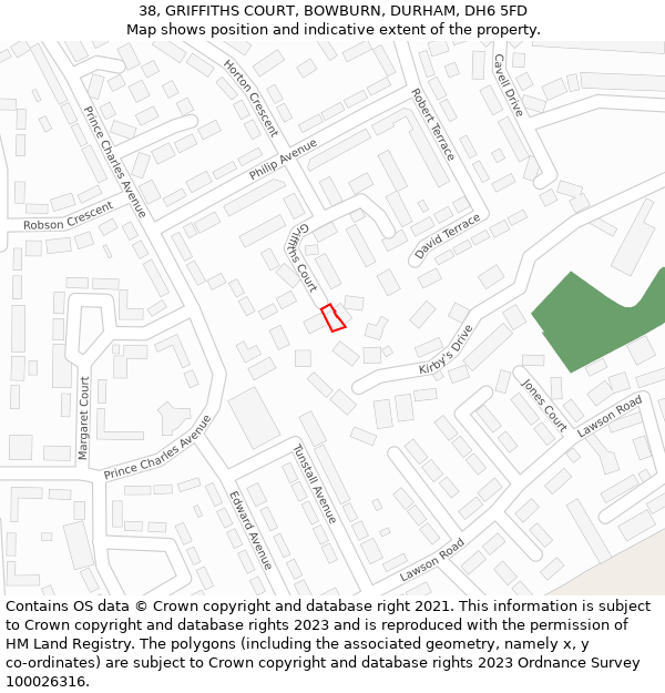 38, GRIFFITHS COURT, BOWBURN, DURHAM, DH6 5FD: Location map and indicative extent of plot