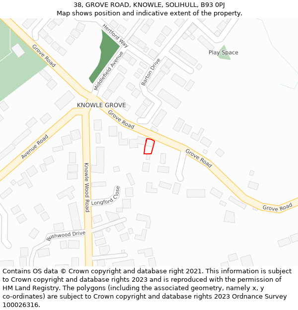 38, GROVE ROAD, KNOWLE, SOLIHULL, B93 0PJ: Location map and indicative extent of plot