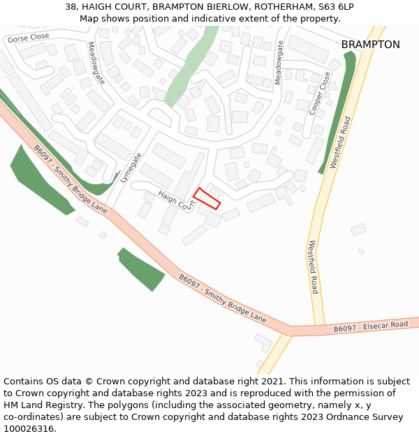 38, HAIGH COURT, BRAMPTON BIERLOW, ROTHERHAM, S63 6LP: Location map and indicative extent of plot