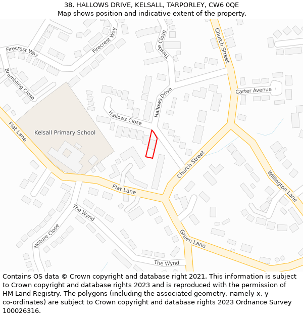 38, HALLOWS DRIVE, KELSALL, TARPORLEY, CW6 0QE: Location map and indicative extent of plot