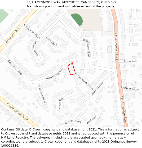 38, HAMESMOOR WAY, MYTCHETT, CAMBERLEY, GU16 6JG: Location map and indicative extent of plot