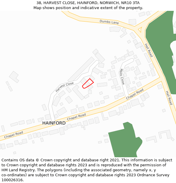 38, HARVEST CLOSE, HAINFORD, NORWICH, NR10 3TA: Location map and indicative extent of plot