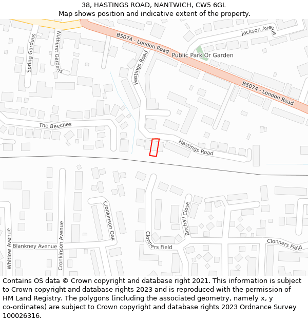 38, HASTINGS ROAD, NANTWICH, CW5 6GL: Location map and indicative extent of plot