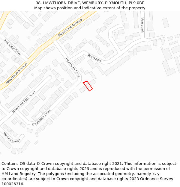 38, HAWTHORN DRIVE, WEMBURY, PLYMOUTH, PL9 0BE: Location map and indicative extent of plot