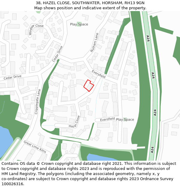 38, HAZEL CLOSE, SOUTHWATER, HORSHAM, RH13 9GN: Location map and indicative extent of plot