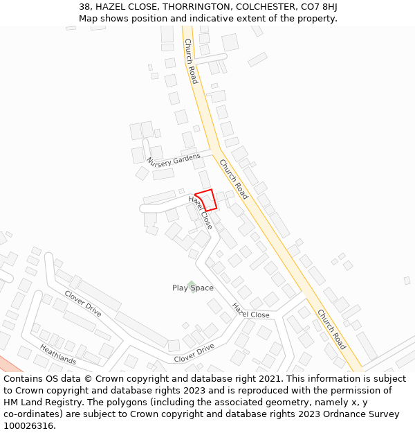 38, HAZEL CLOSE, THORRINGTON, COLCHESTER, CO7 8HJ: Location map and indicative extent of plot