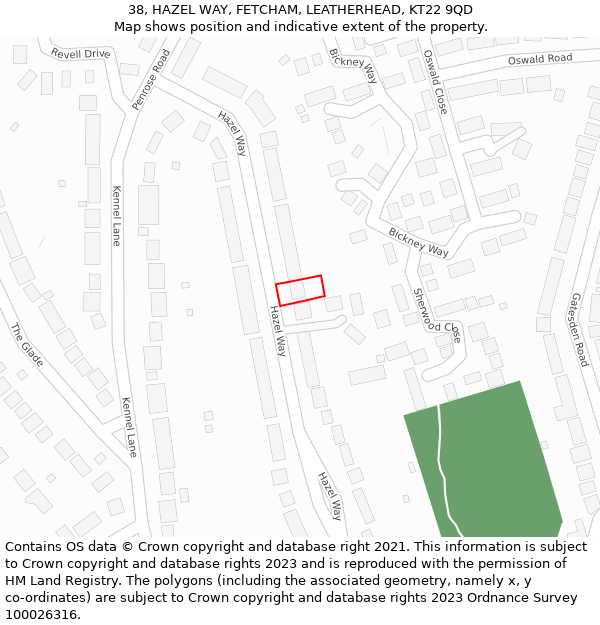 38, HAZEL WAY, FETCHAM, LEATHERHEAD, KT22 9QD: Location map and indicative extent of plot