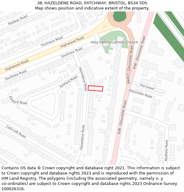 38, HAZELDENE ROAD, PATCHWAY, BRISTOL, BS34 5DS: Location map and indicative extent of plot